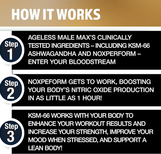 Ageless Male Max bottle label front highlighting NOXPerform and KSM-66 for performance.