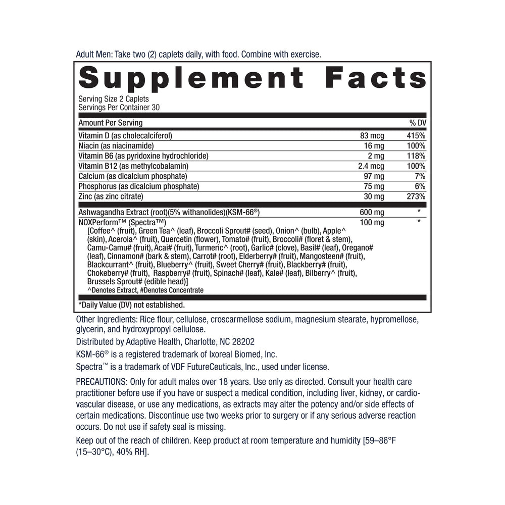 Ageless Male Max ingredients label featuring KSM-66 and NOXPerform.