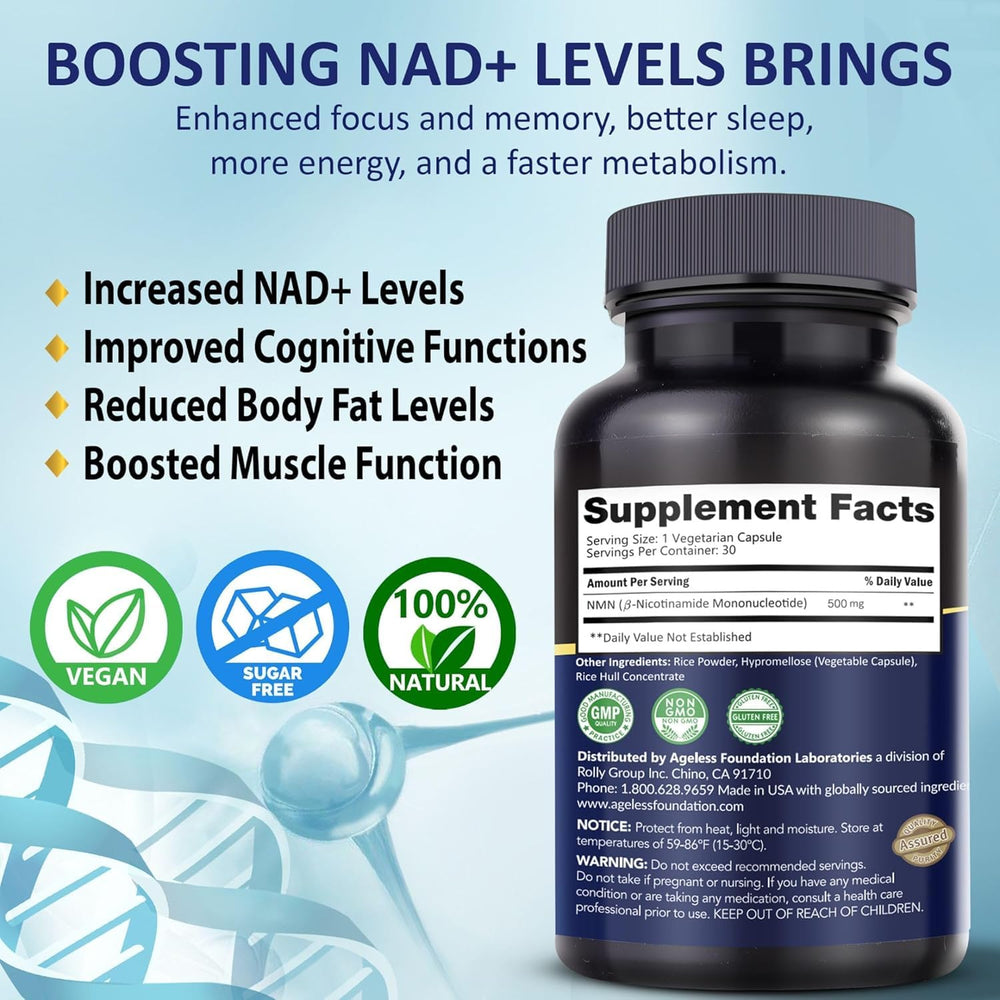 Detailed label on Ageless NMN bottle with dosage info.