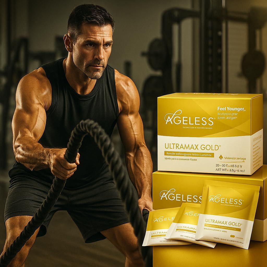 Ageless UltraMAX GOLD in a tall glass of Valencia orange flavor, ready to sip