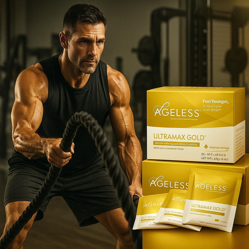 Ageless UltraMAX GOLD in a tall glass of Valencia orange flavor, ready to sip