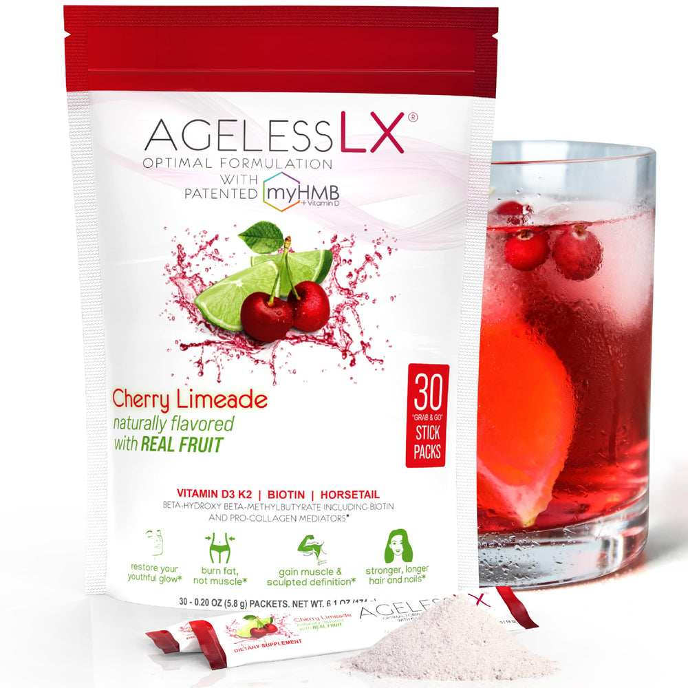 AgelessLX cherry limeade powder tub for lean muscle support and radiant skin.