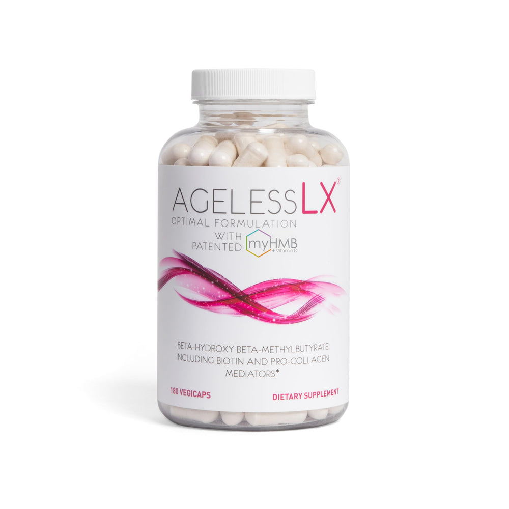 AgelessLX HMB collagen bottle closeup shows sleek packaging for 40+ skin support.