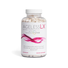 AgelessLX HMB collagen bottle closeup shows sleek packaging for 40+ skin support.