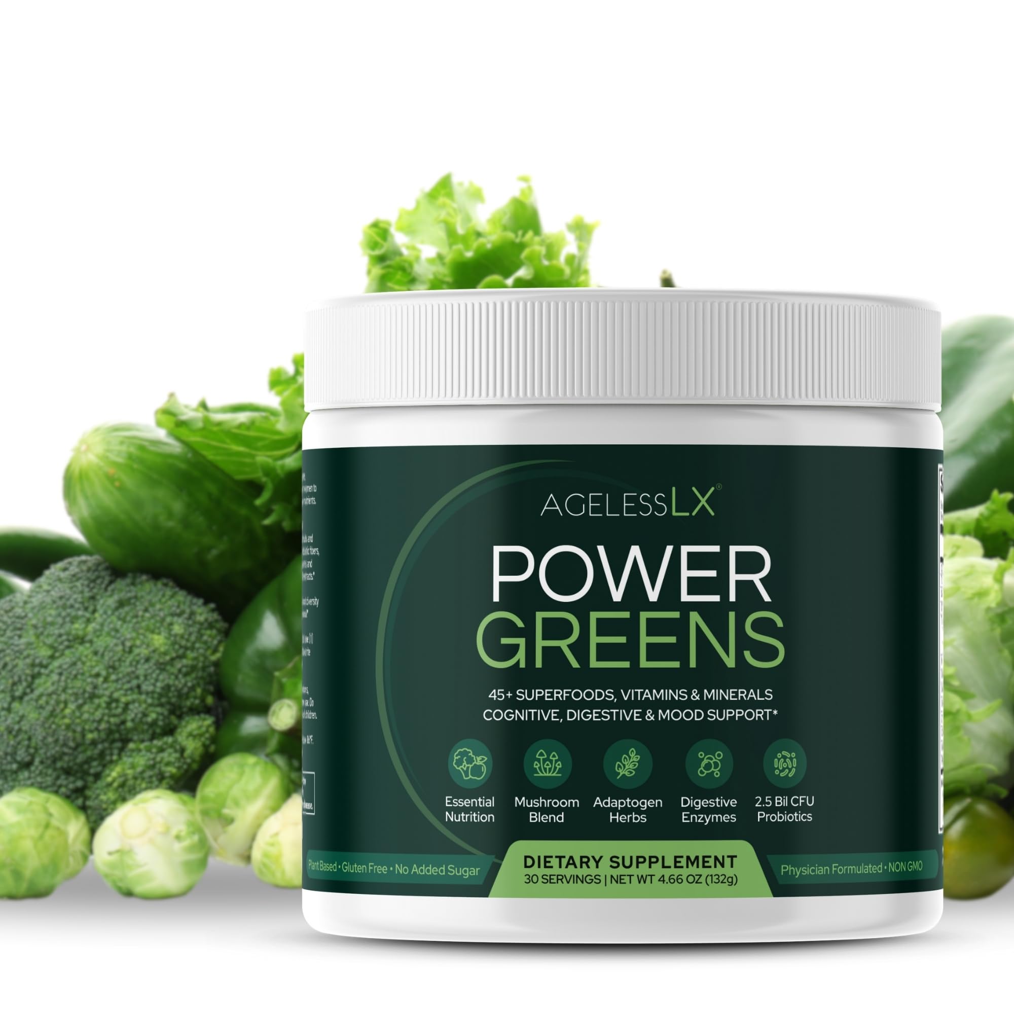 AgelessLX Power Greens bottle pour shows quick energy support for busy mornings