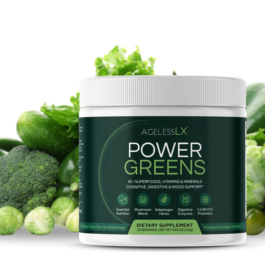 AgelessLX Power Greens bottle pour shows quick energy support for busy mornings