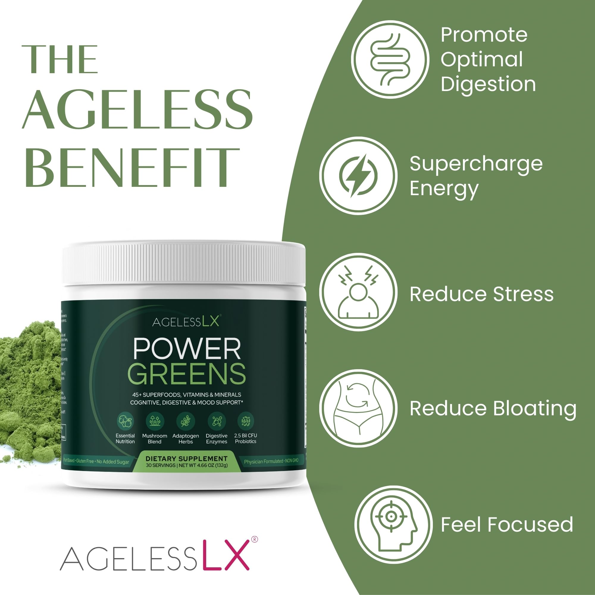 AgelessLX Power Greens label closeup emphasizes 42 superfoods and probiotic blend