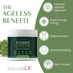AgelessLX Power Greens label closeup emphasizes 42 superfoods and probiotic blend