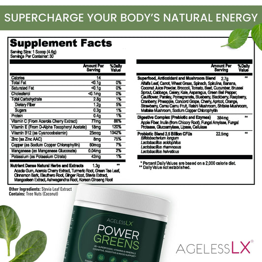 AgelessLX Power Greens powder scoop for easy daily nutrient boost and digestion-friendly routine