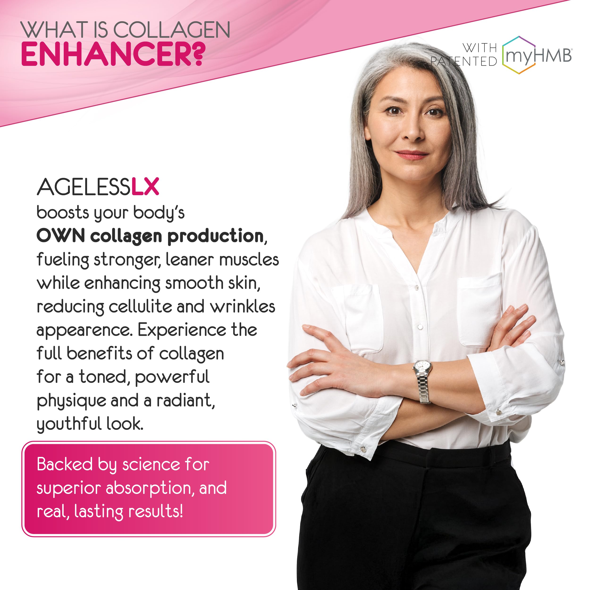 AgelessLX woman exercising to illustrate lean muscle and vitality.