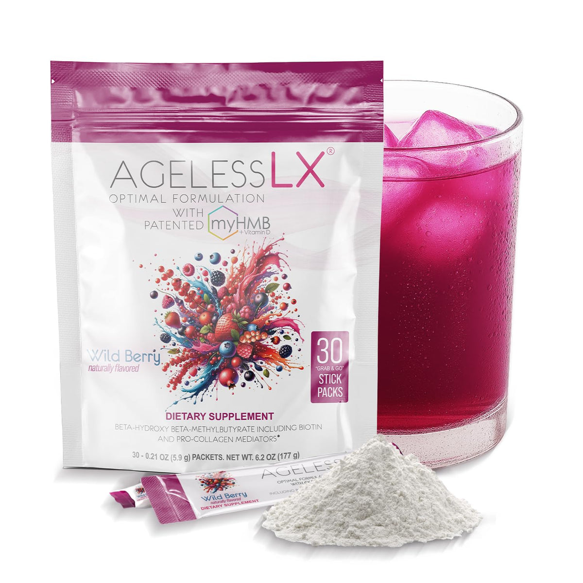 AgelessLX Wild Berry powder bottle for daily wellness support