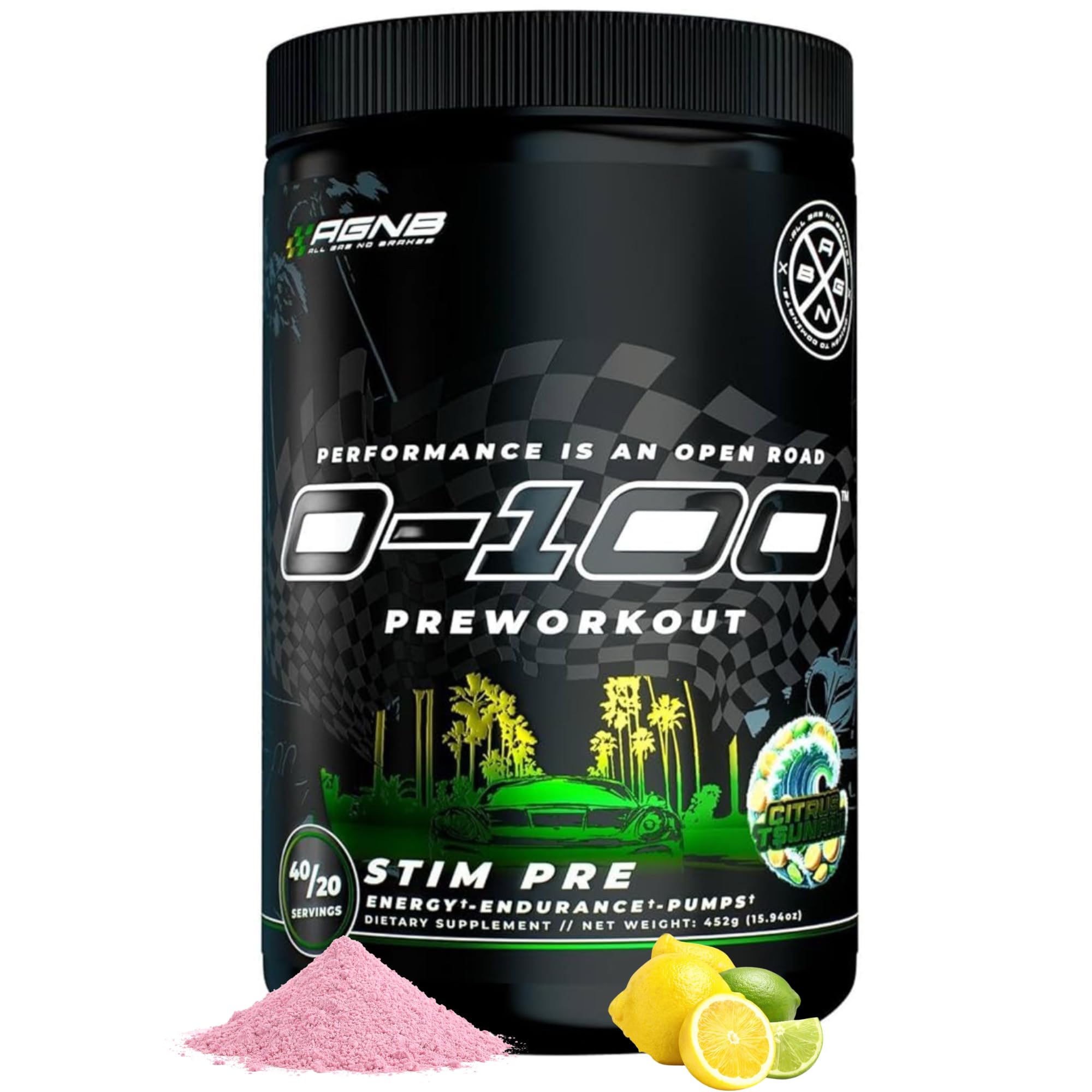 AGNB 0-100 pre-workout tub front showcases Citrus Tsunami branding for energy