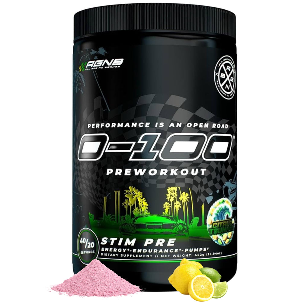 AGNB 0-100 pre-workout tub front showcases Citrus Tsunami branding for energy
