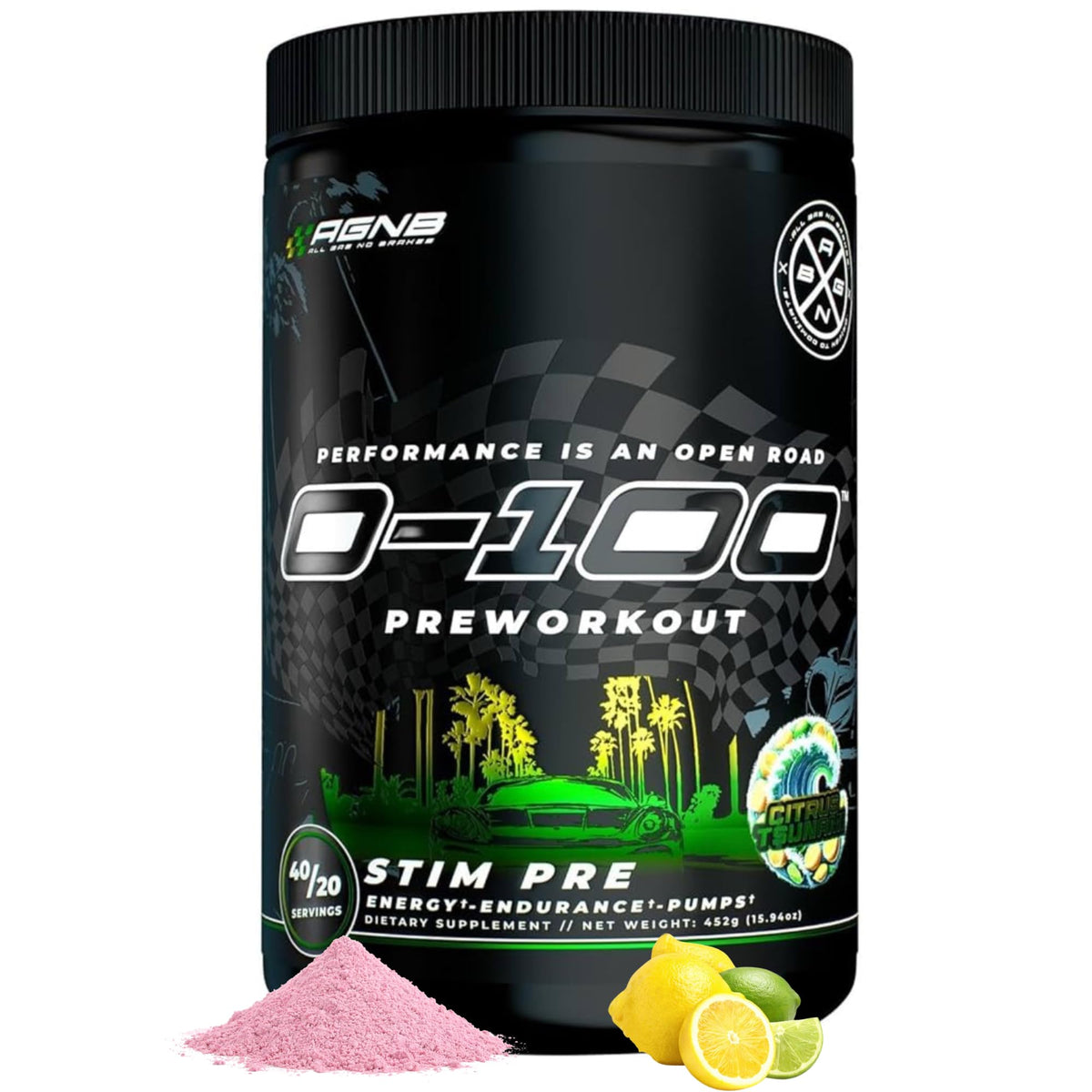 AGNB 0-100 pre-workout tub front showcases Citrus Tsunami branding for energy