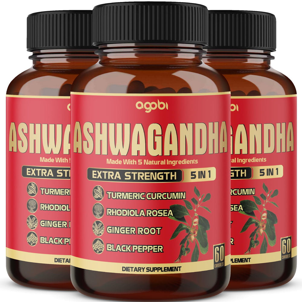 Agobi Ashwagandha ginger-turmeric bottle showing a five-in-one formula for daily energy and mood balance.