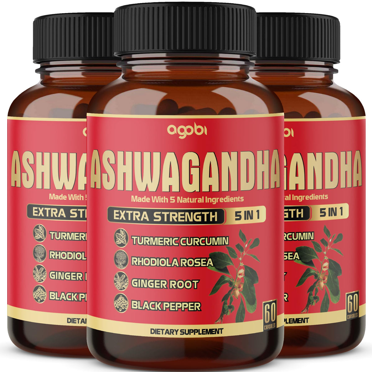 Agobi Ashwagandha ginger-turmeric bottle showing a five-in-one formula for daily energy and mood balance.