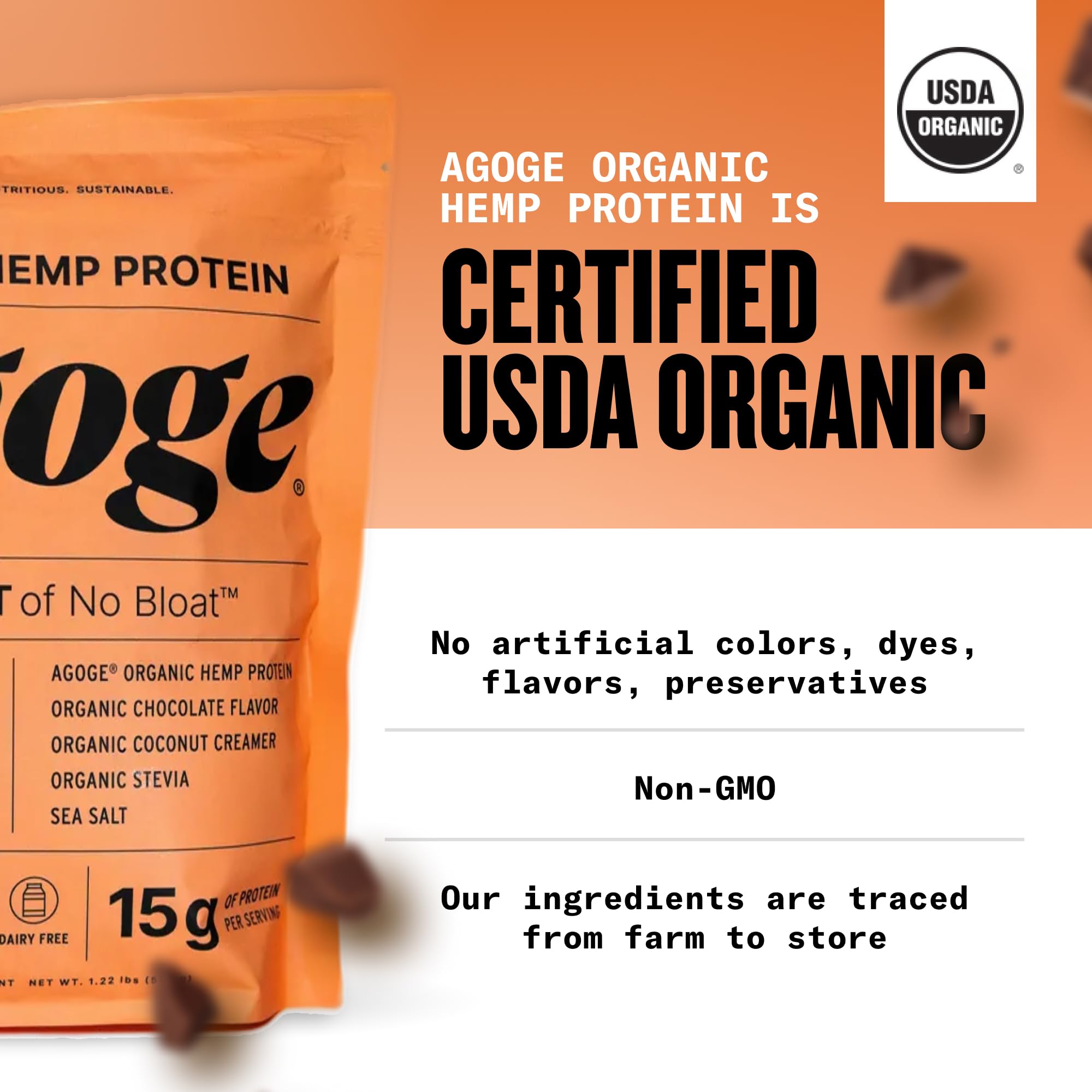 Agoge gluten-free label emphasizing allergen-free, plant-based protein.