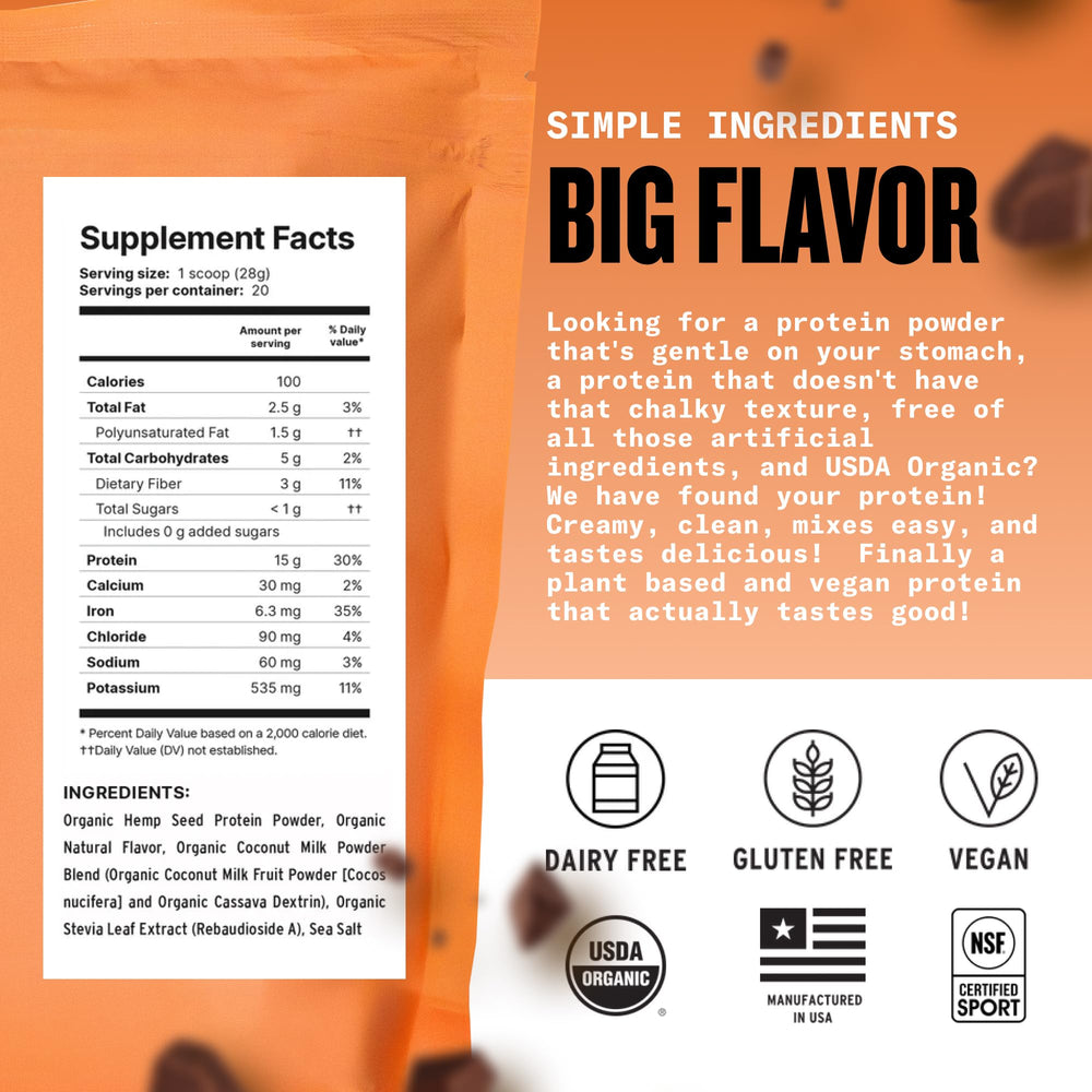 Agoge hemp protein powder chocolate scoop showing portion control for shakes.