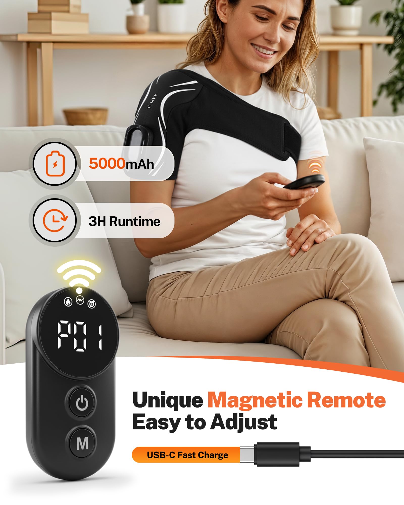 AGPTEK heated shoulder wrap with detachable remote for easy adjustments.