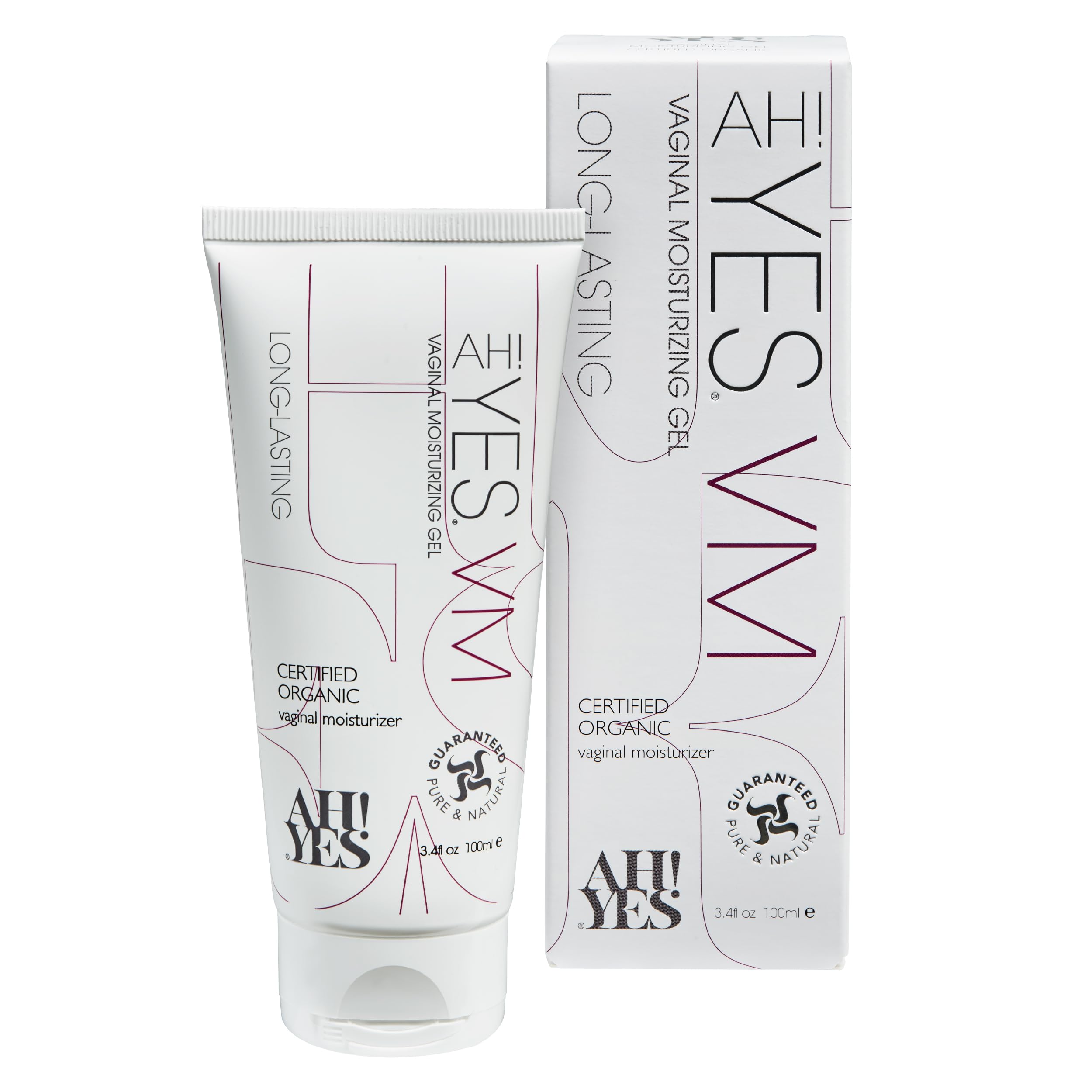 AH! YES VM bottle close-up highlights organic formula designed for comfortable vaginal hydration.