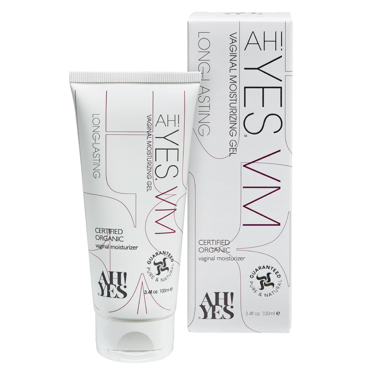AH! YES VM bottle close-up highlights organic formula designed for comfortable vaginal hydration.