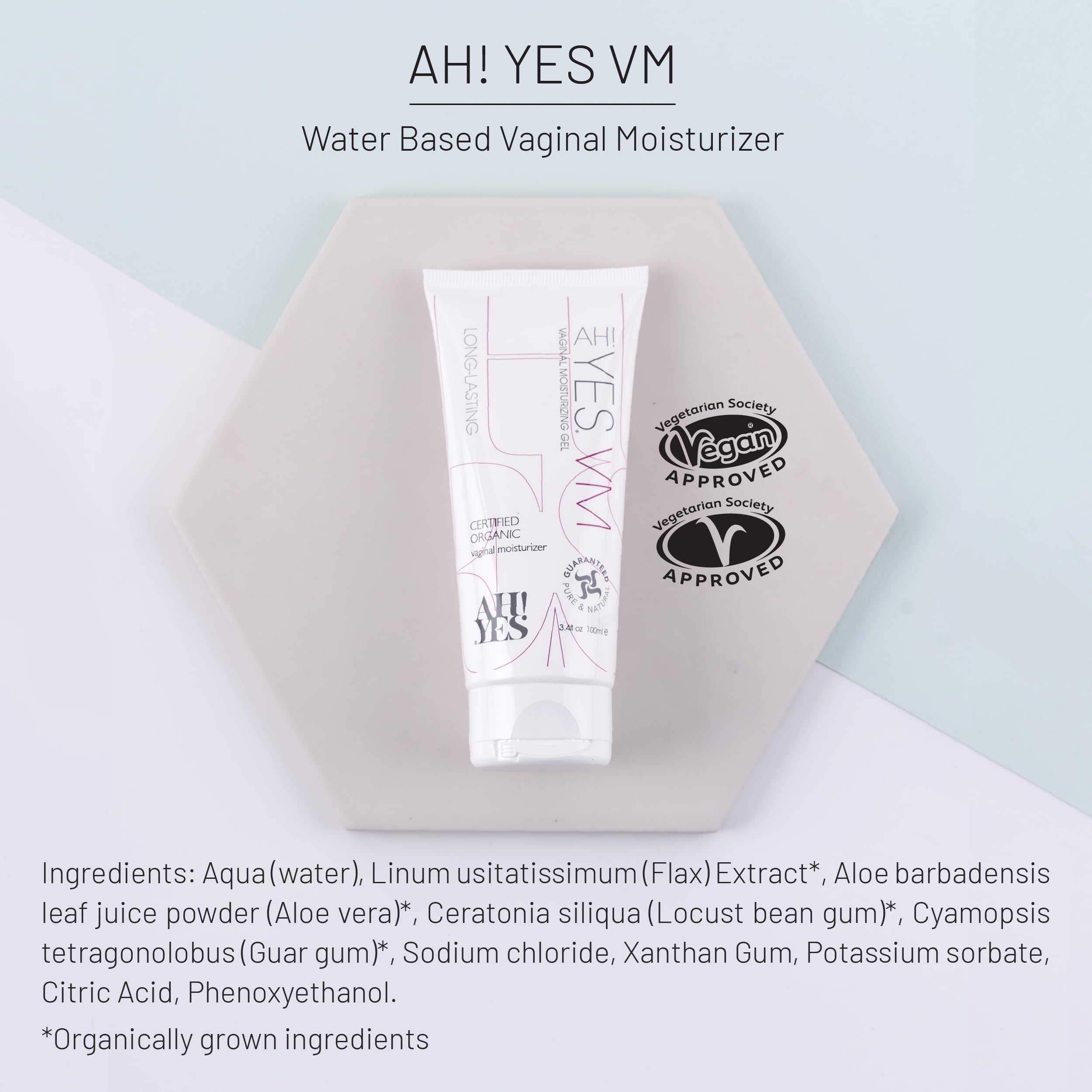 AH! YES VM label emphasizes pH-matched compatibility for intimate areas.