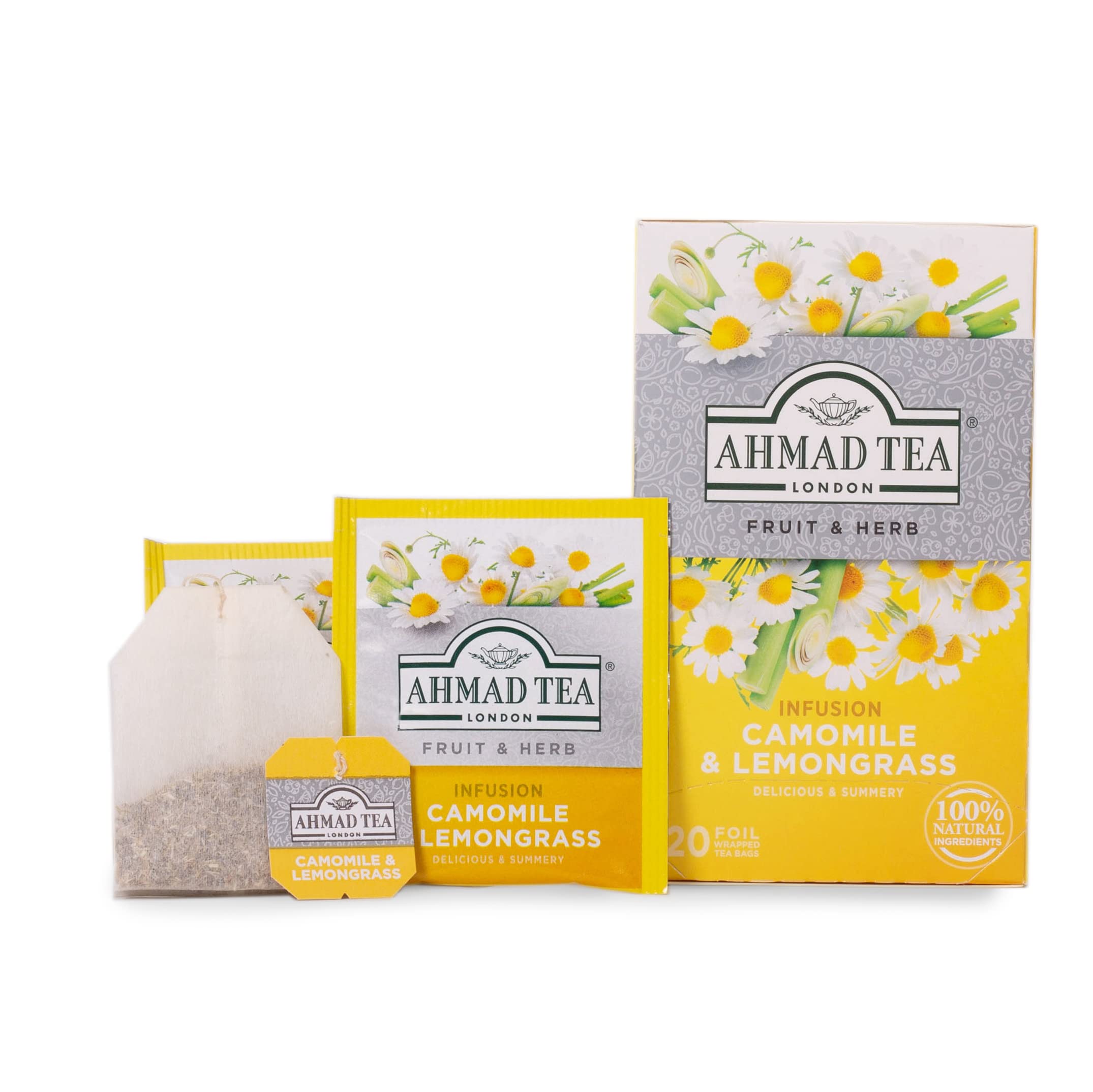 Hot cup of Ahmad Tea Camomile & Lemongrass with soothing aroma