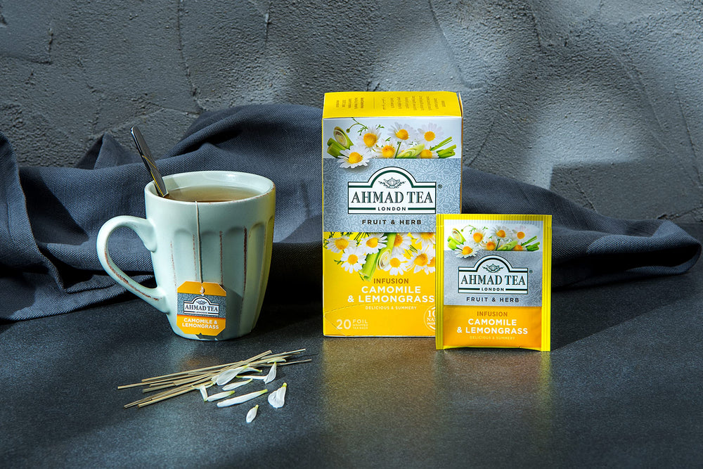Chilled glass of Ahmad Tea Camomile & Lemongrass infusion over ice