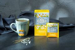 Chilled glass of Ahmad Tea Camomile & Lemongrass infusion over ice