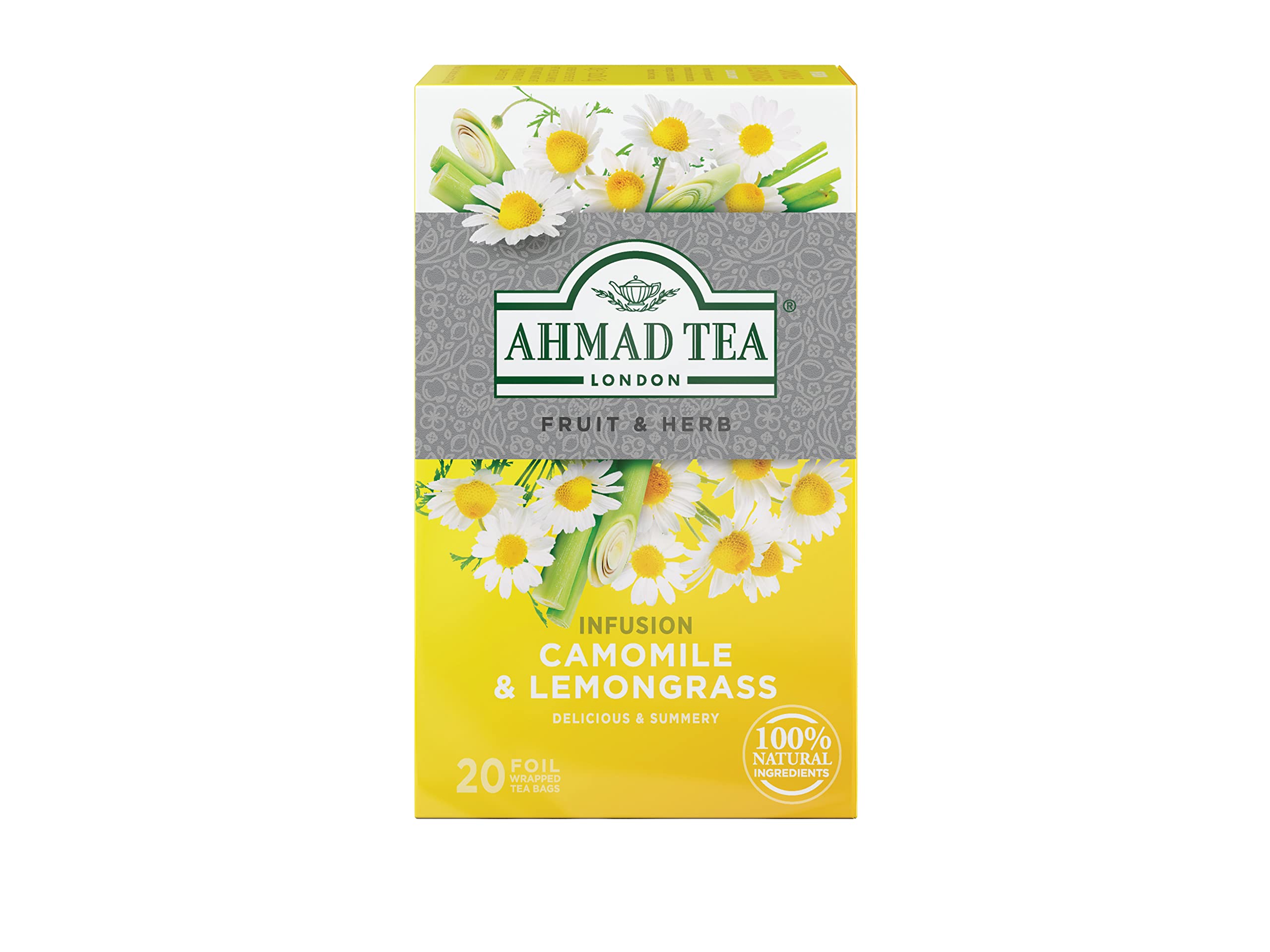 Ahmad Tea Camomile & Lemongrass tea bags offering a calming brew