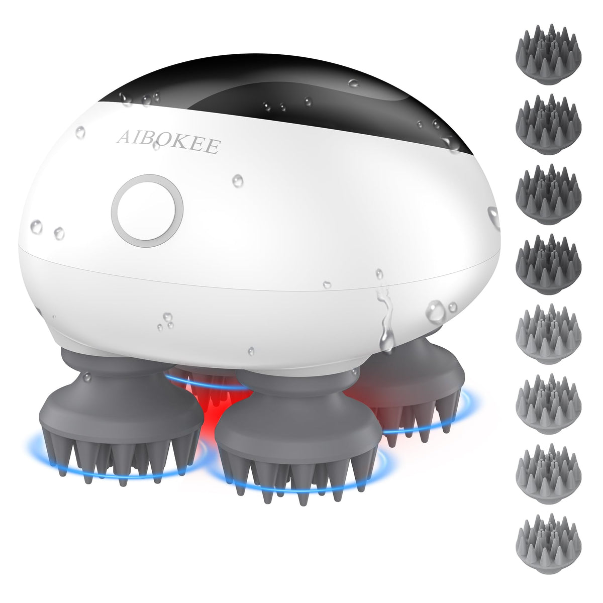 AIBOKEE electric scalp massager showing 360-degree kneading for relaxation.