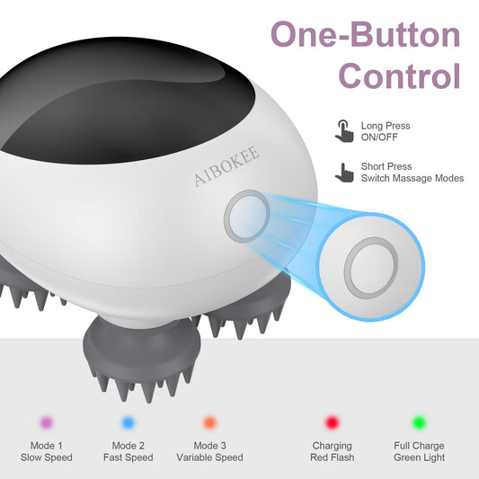 AIBOKEE massager with hard and soft claws for varied scalp sensations.