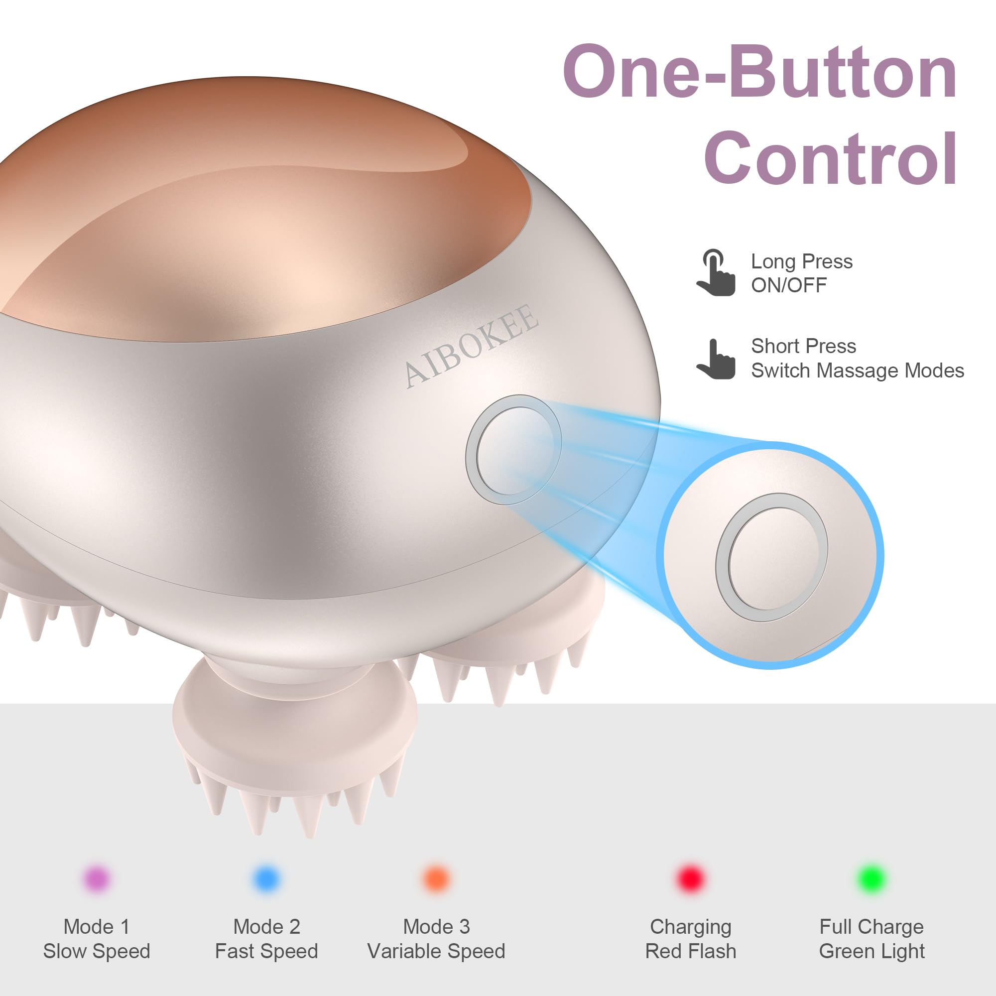 AIBOKEE scalp massager close-up shows hard and soft claws for adaptable massage