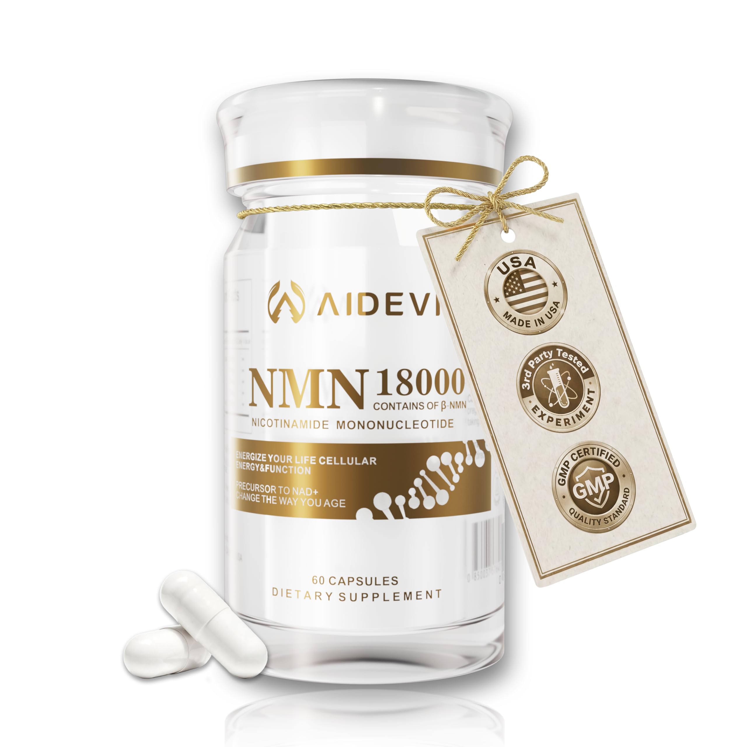 AIDEVI NMN 18000 bottle front with capsules for daily NAD+ support