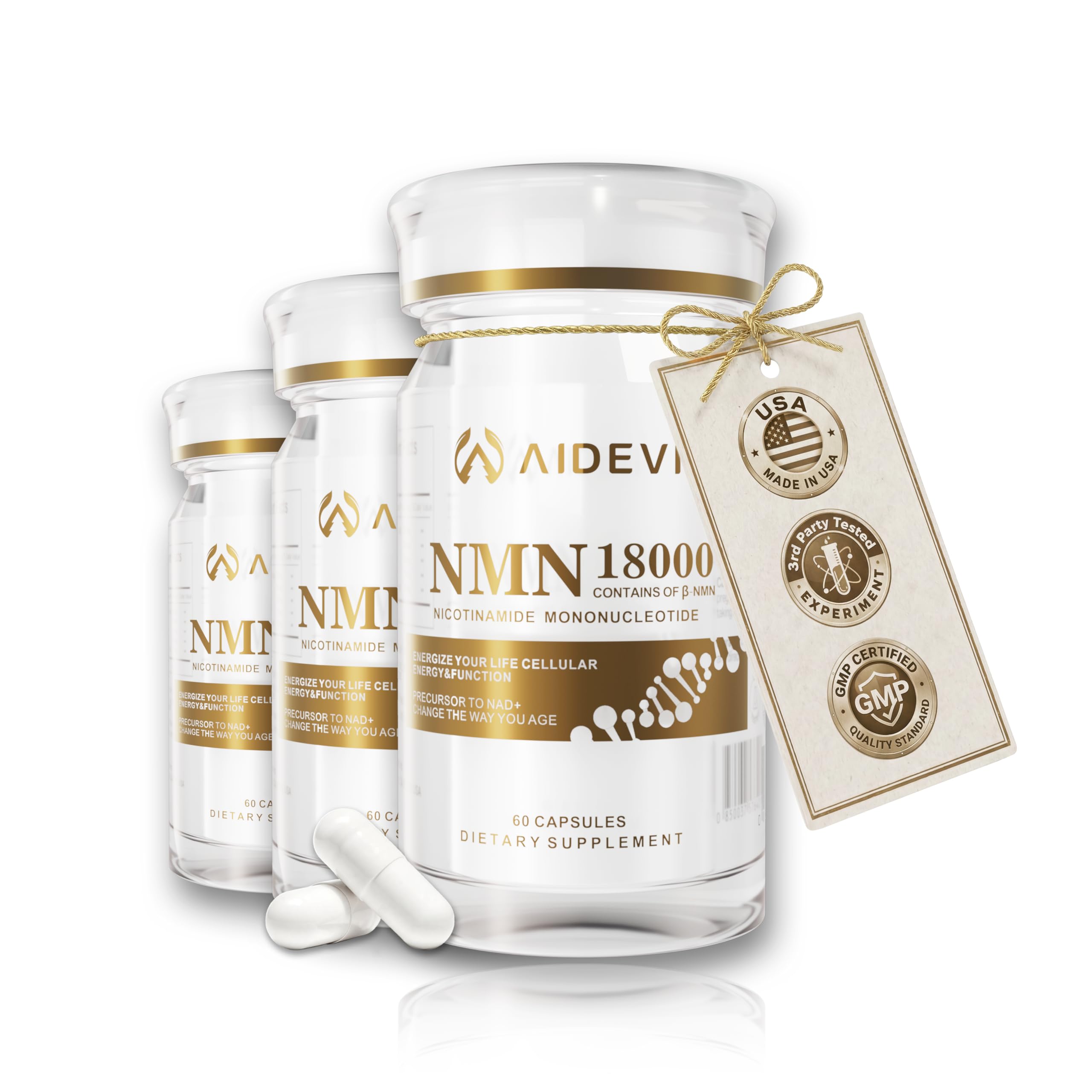 AIDEVI NMN 18000 bottle label highlights 99% NMN purity and resveratrol support for daily use