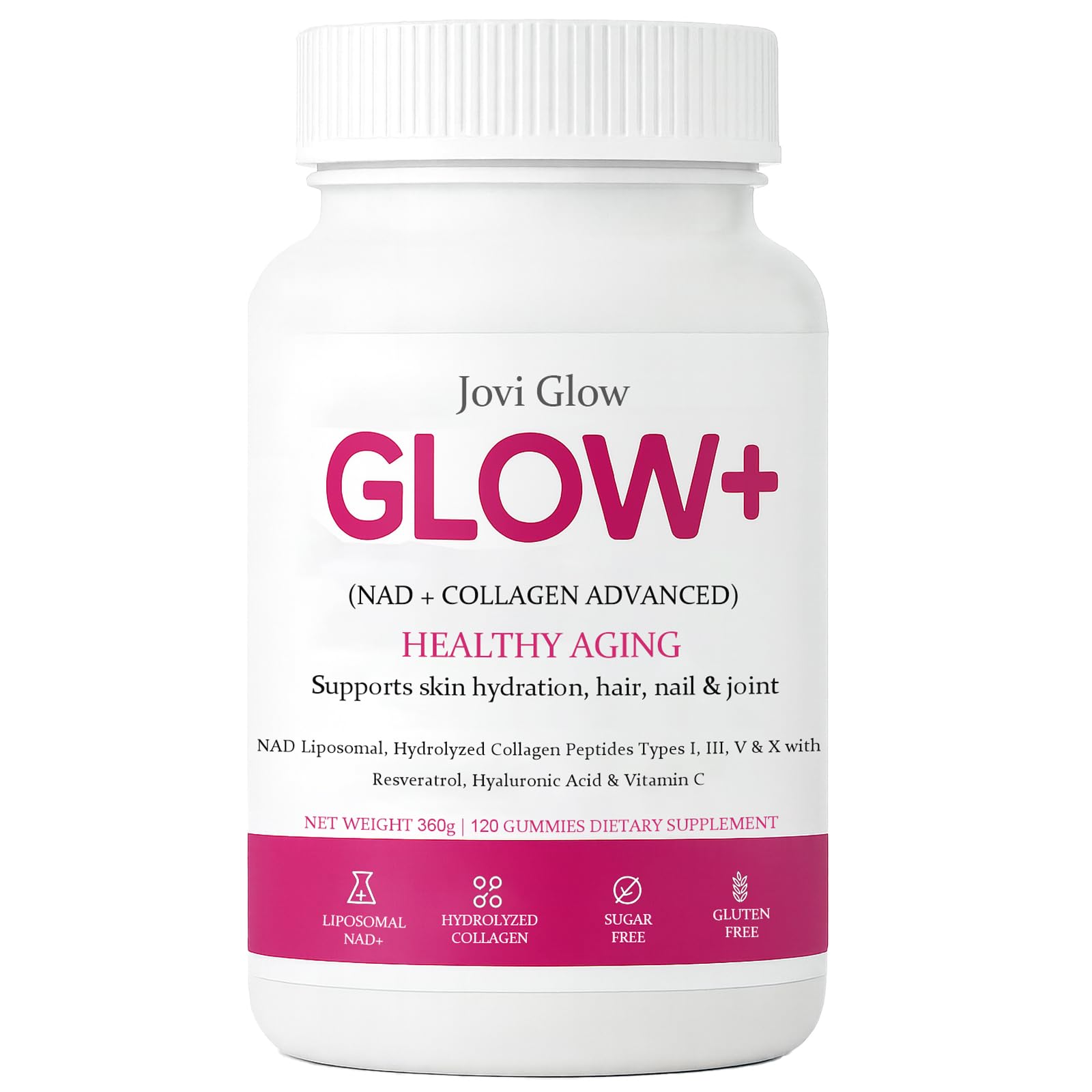 AIFBENK Jovi Glow+ bottle pour highlights easy daily wellness with collagen and hyaluronic acid.