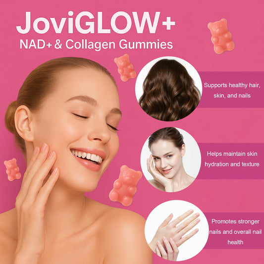 AIFBENK Jovi Glow+ gummies closeup showcases tasty support for skin, hair, and nails.