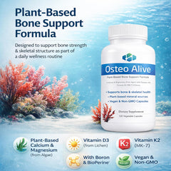 AIFBENK Osteo Alive capsules close-up, emphasizing plant-based minerals for bone health.