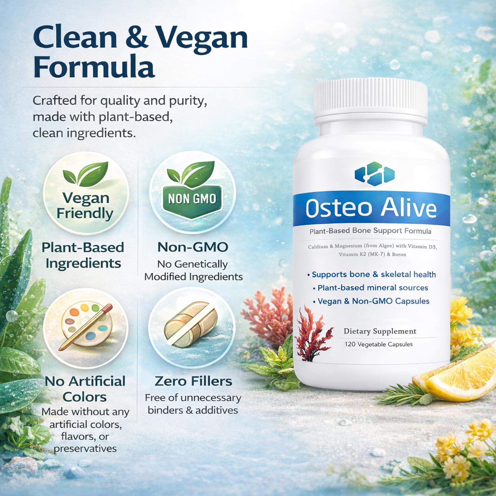 AIFBENK Osteo Alive bottle label highlights D3 and MK-7 for mineral balance.