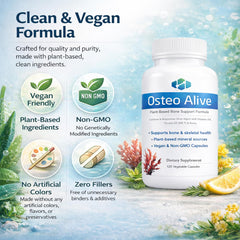 AIFBENK Osteo Alive bottle label highlights D3 and MK-7 for mineral balance.