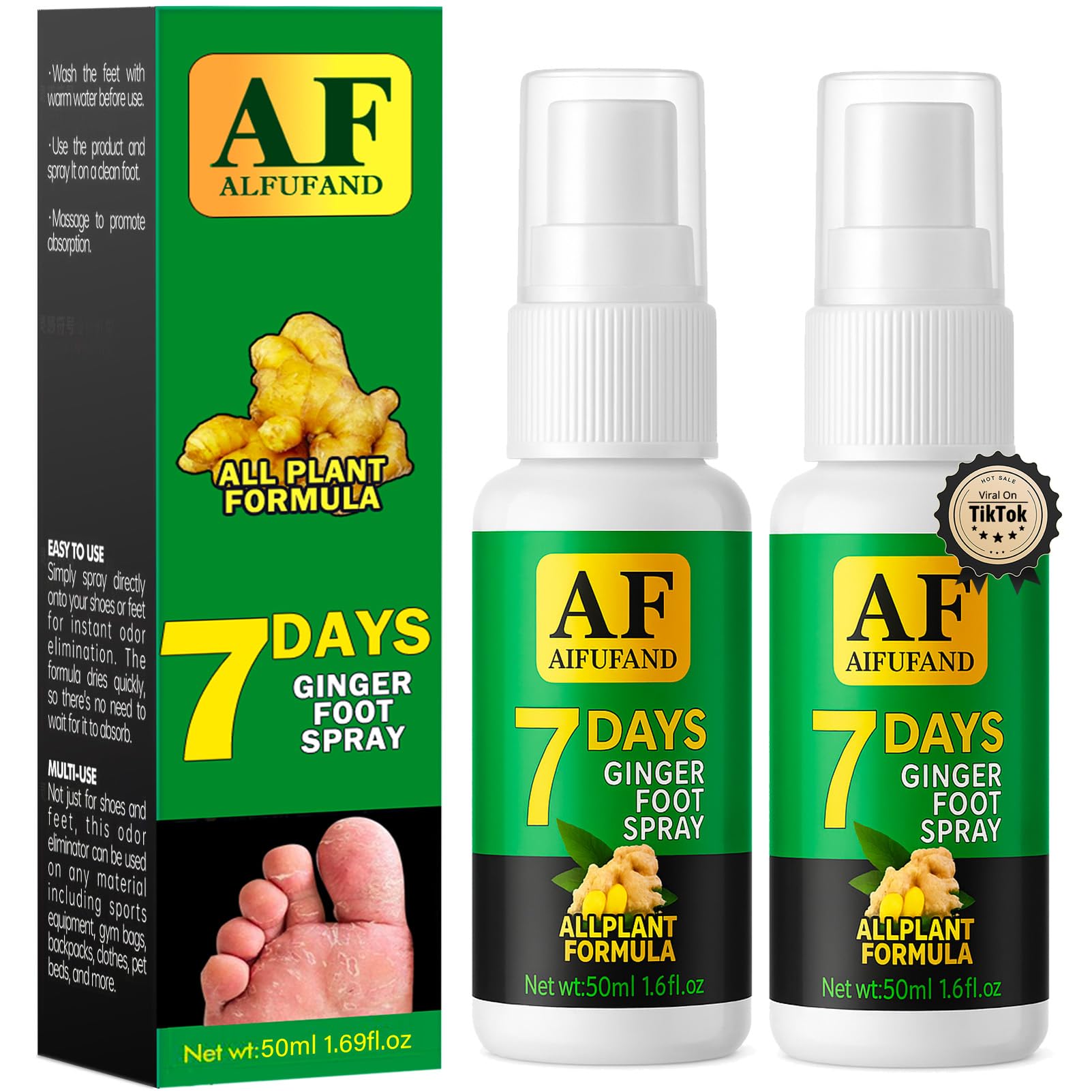 AIFUFAND 7 Days Ginger Foot Spray bottle front view for refreshing daily feet