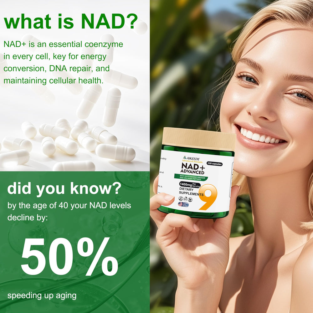 AIKEEDE NAD capsules close-up suggesting enhanced delivery for sustained energy