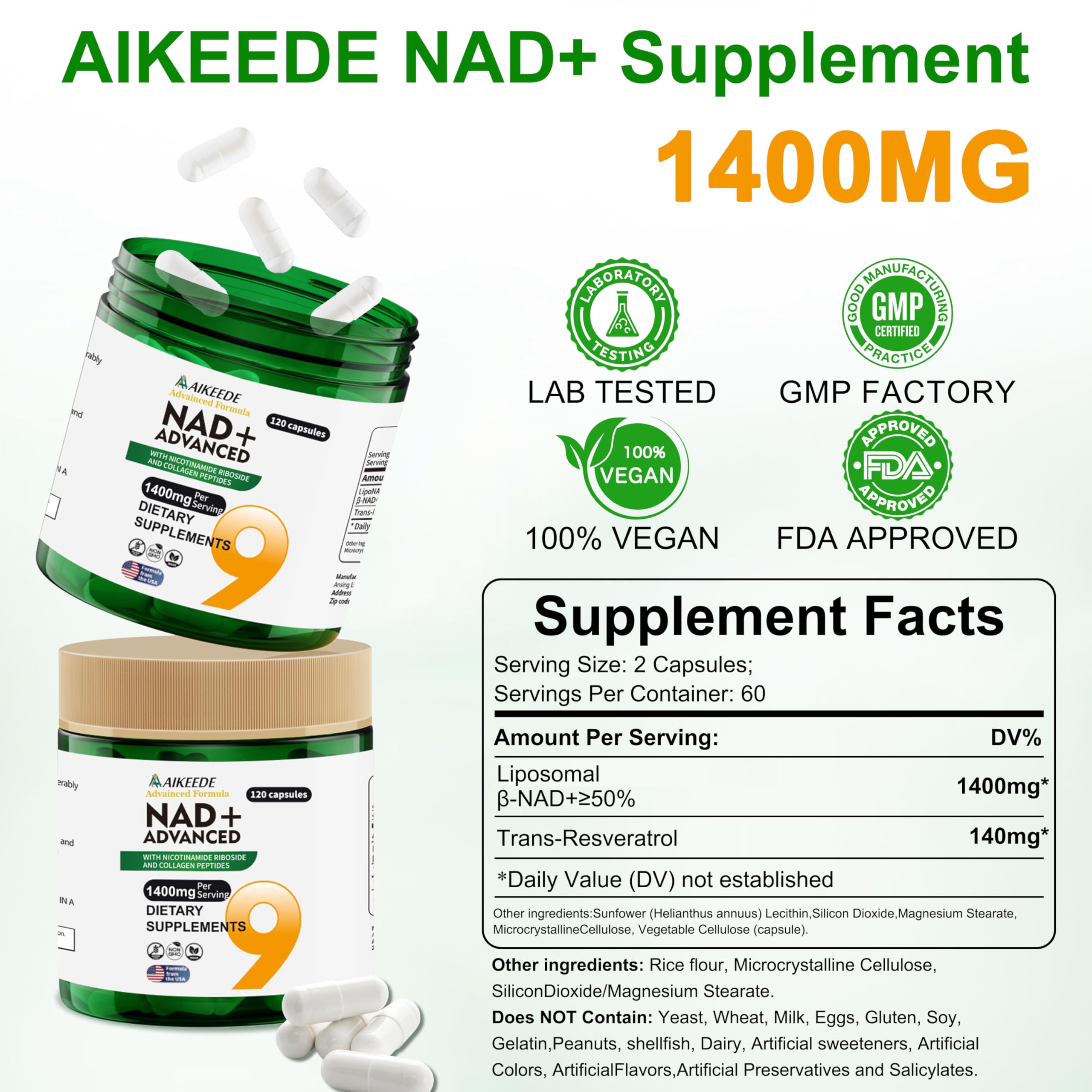 AIKEEDE NAD label close-up shows 1400mg NAD+ per serving and resveratrol