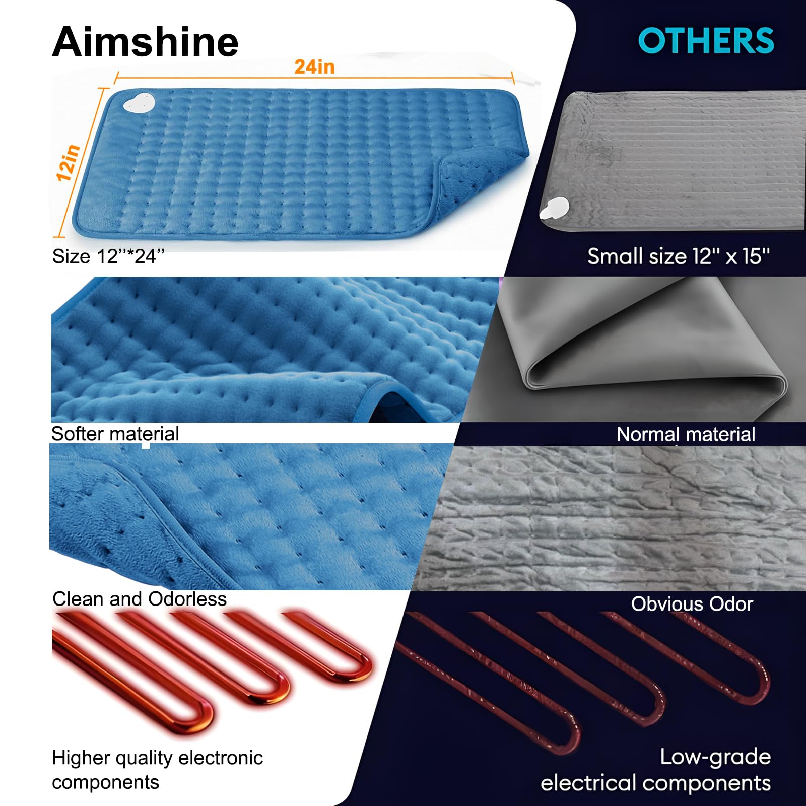Aimshine heating pad with timer and auto shut-off enhances safe use.