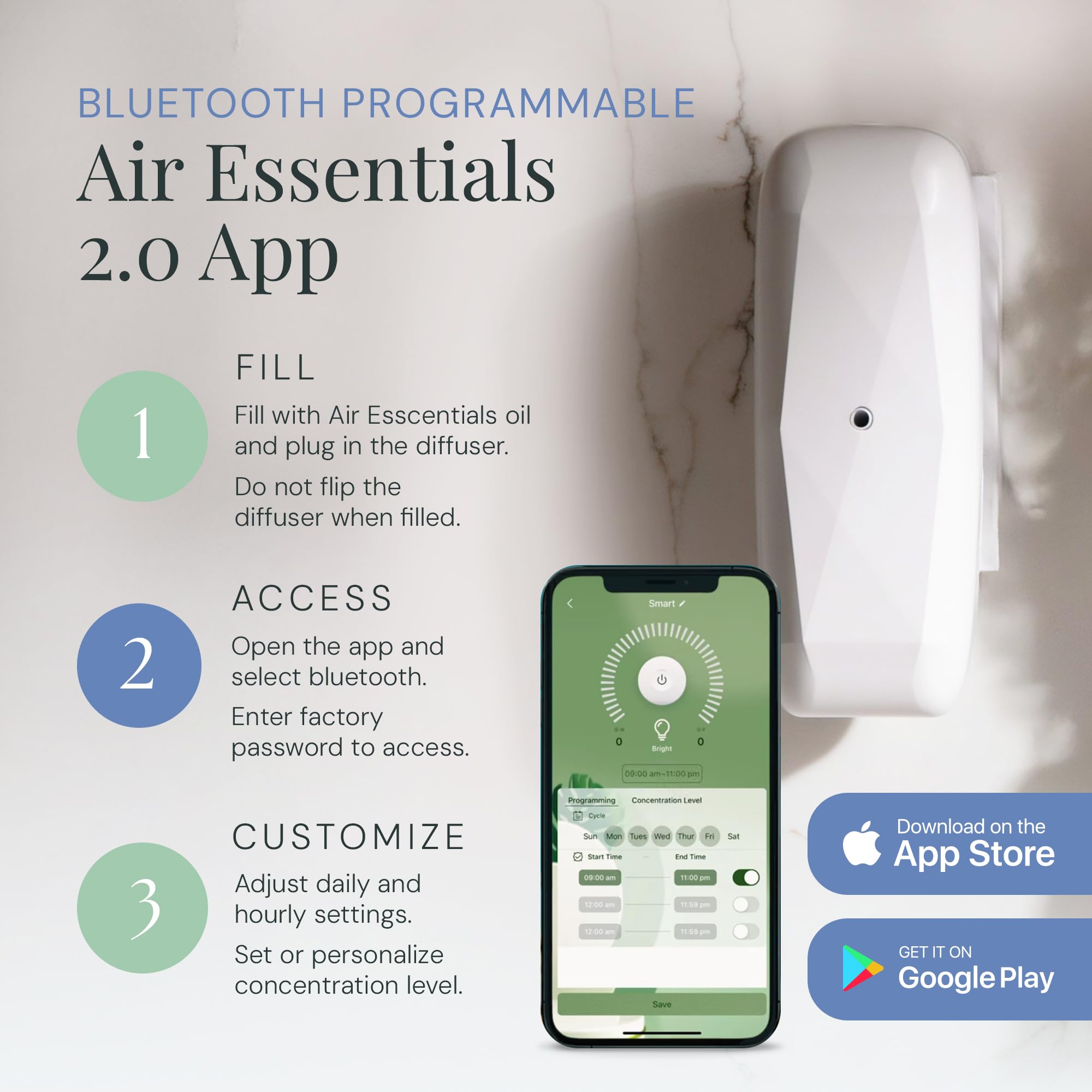 Air Esscentials app-controlled diffuser via Bluetooth