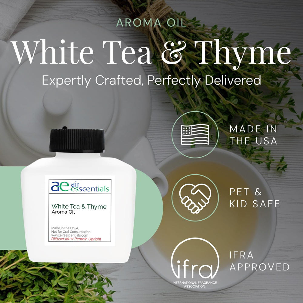 Air Esscentials aroma oil close-up with rose petals and thyme for a refined scent