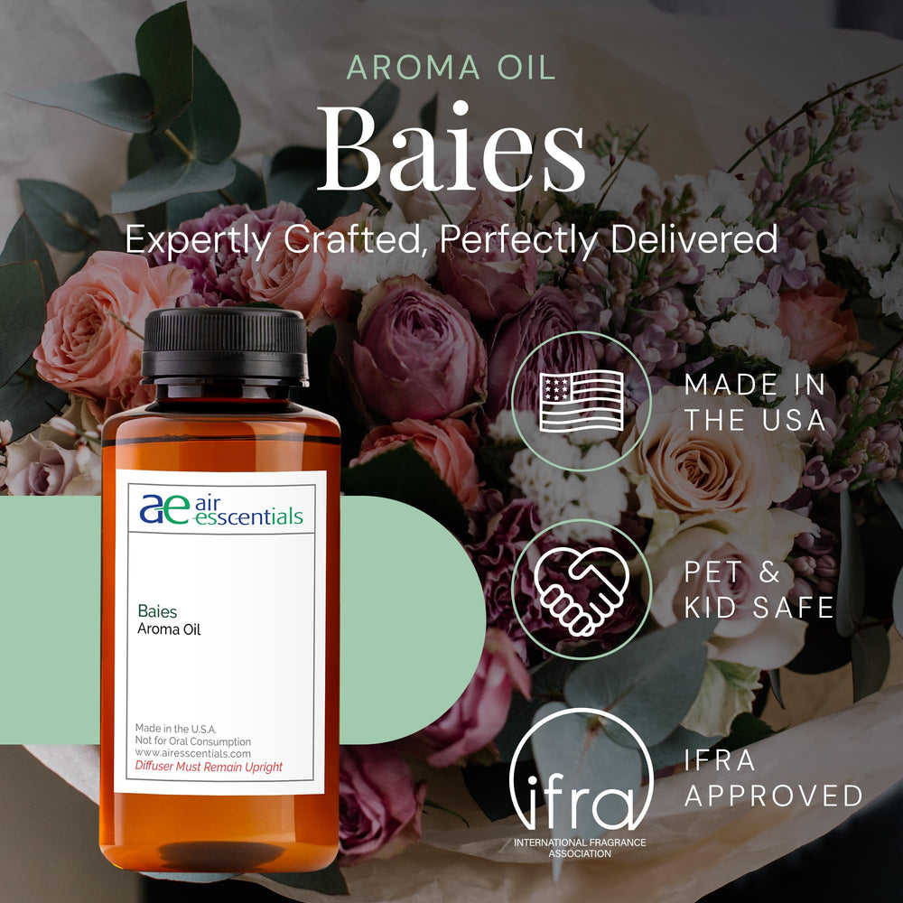 Air Esscentials Baies aroma oil diffuser foreground, long-lasting fragrance for home ambiance.