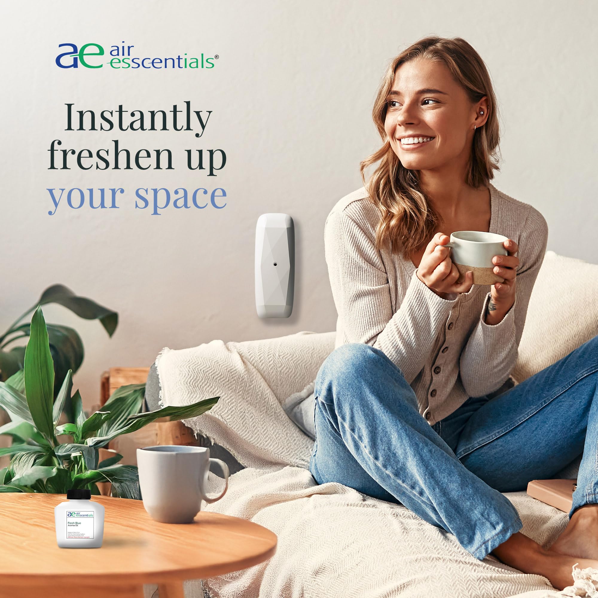 Air Esscentials Fresh Blue Aroma Oil packaging signals USA-made, IFRA-compliant quality.