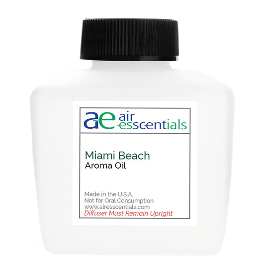 Air Esscentials Miami Beach Aroma Oil bottle showcases long-lasting scent for diffusers.
