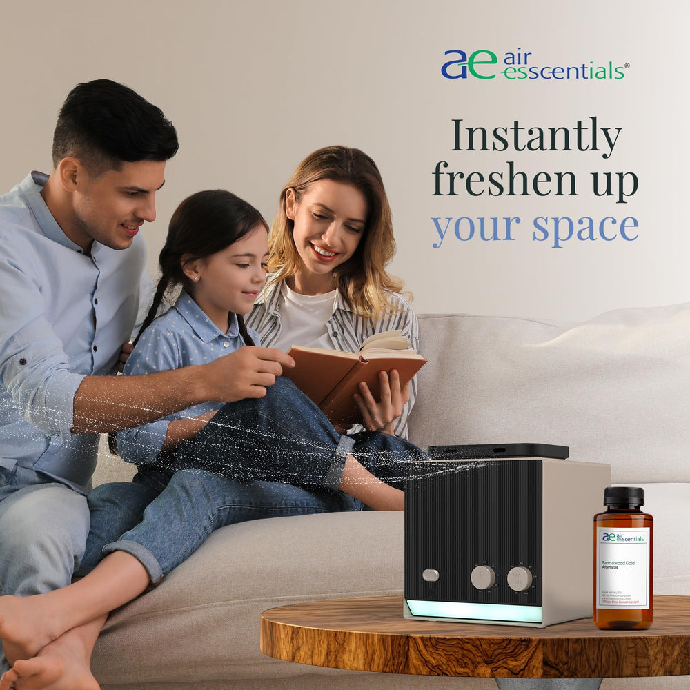 Air Esscentials Sandalwood Gold packaging on display, premium aroma oil